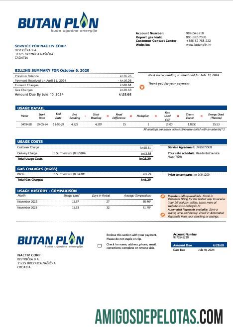 imprimível Modelo de conta de serviços públicos de gás Croácia BUTAN PLIN Doo em formatos Word e Pfd